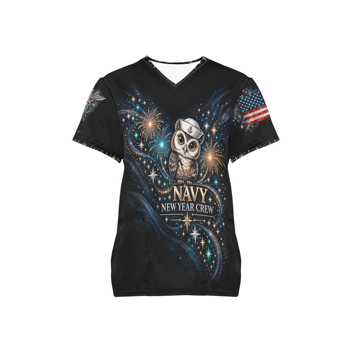 New Year Crew — Navy New Year's All-Over Print Scrub Top