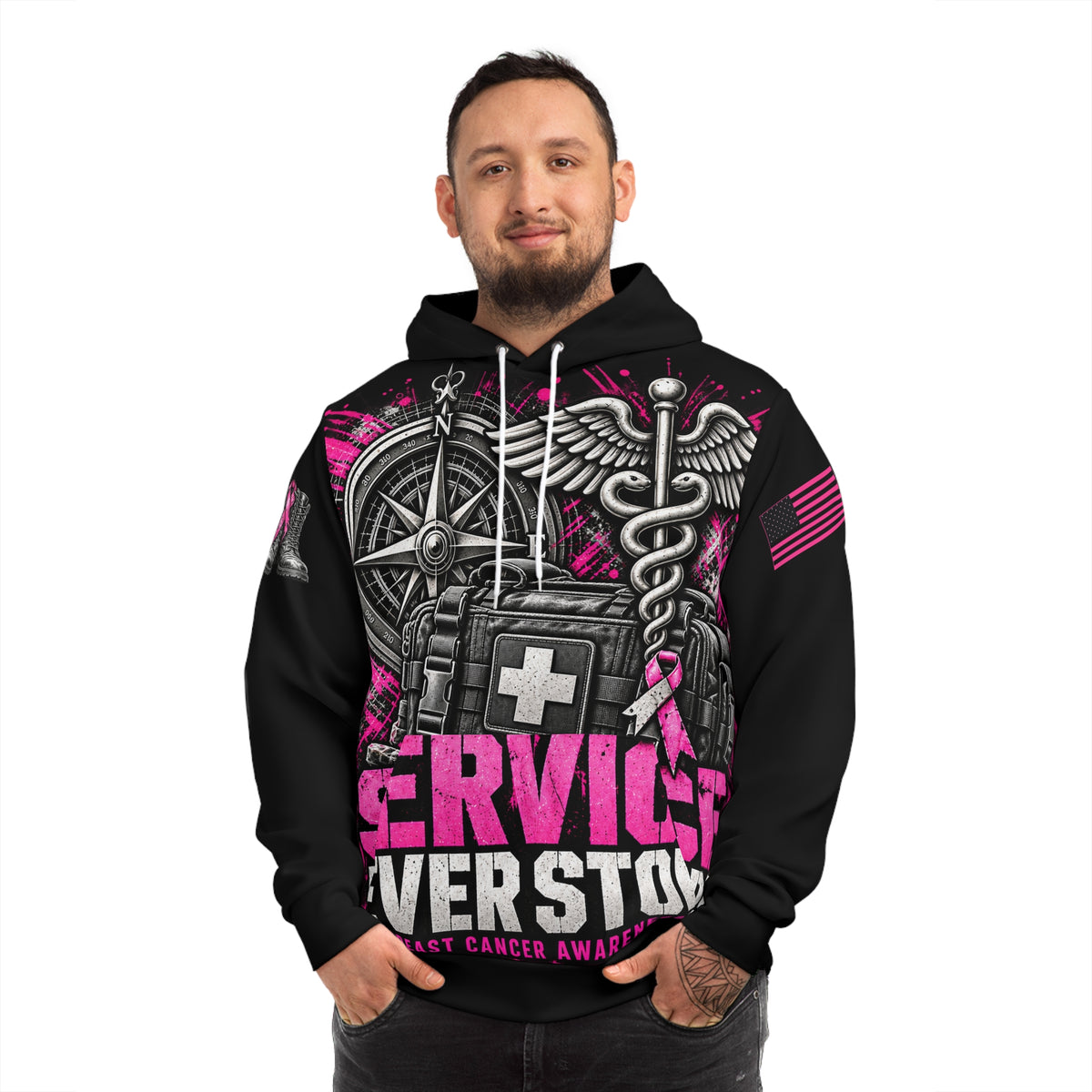 Service Never Stops — Military Medical Breast Cancer Awareness Hoodie