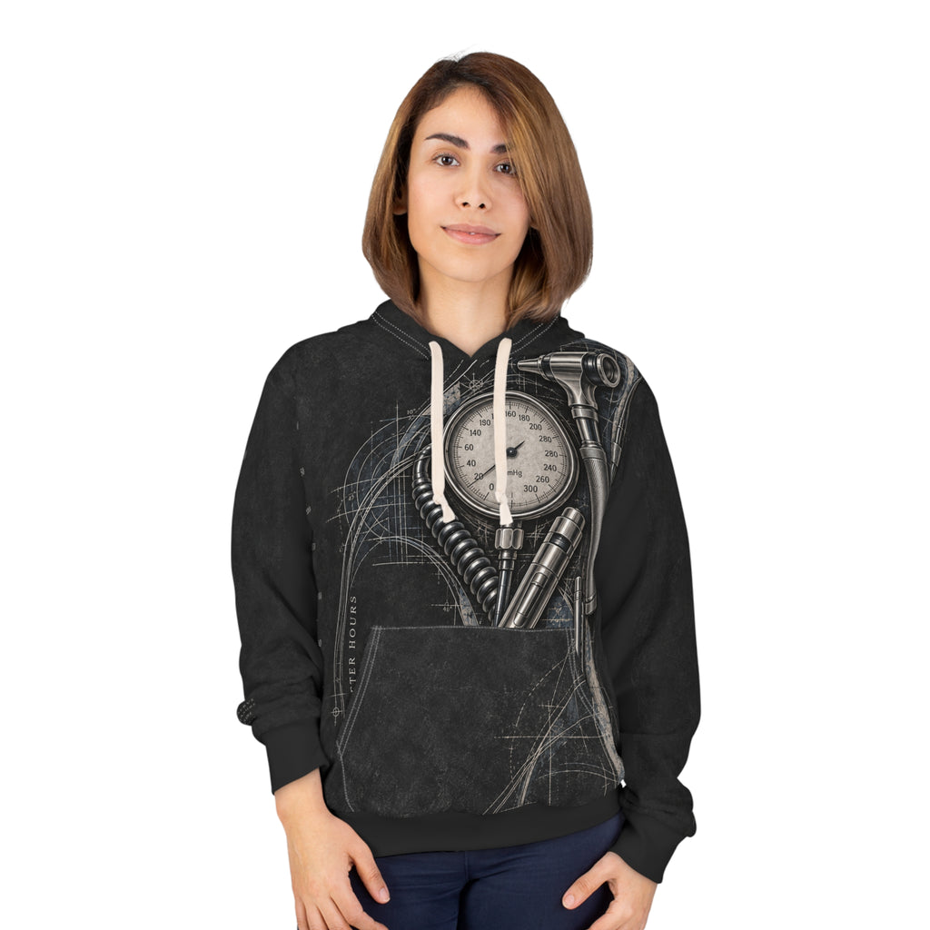 Clinical After Hours all-over medical hoodie product mockup 3