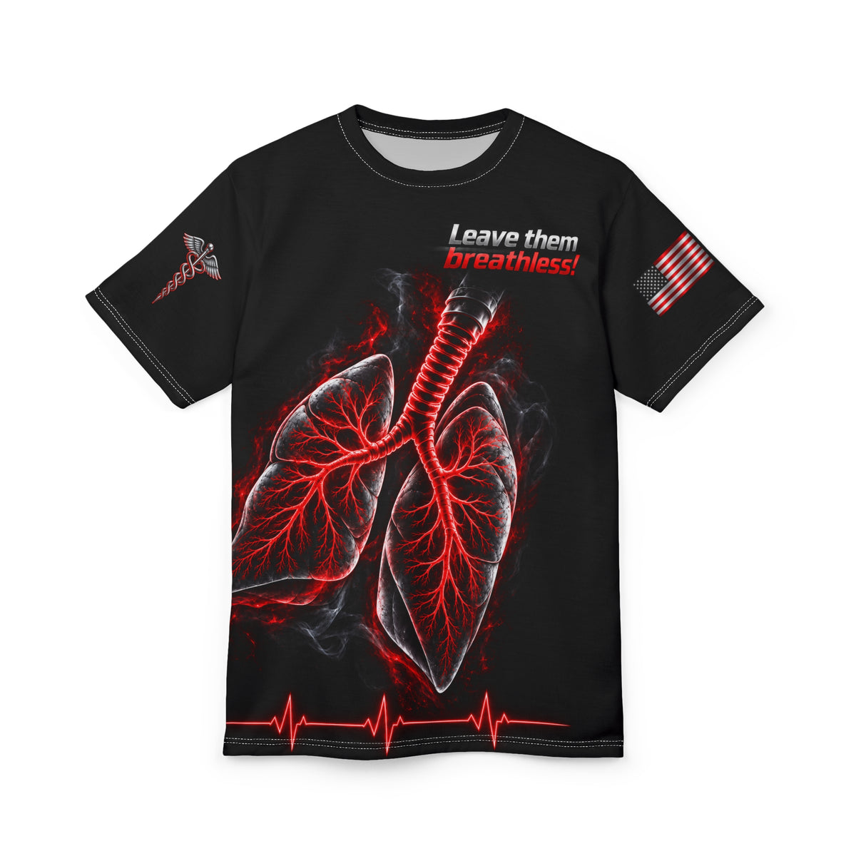Flat front product mockup of the black Obsidian Circuit Lung T-Shirt with metallic lungs and red airway artwork.