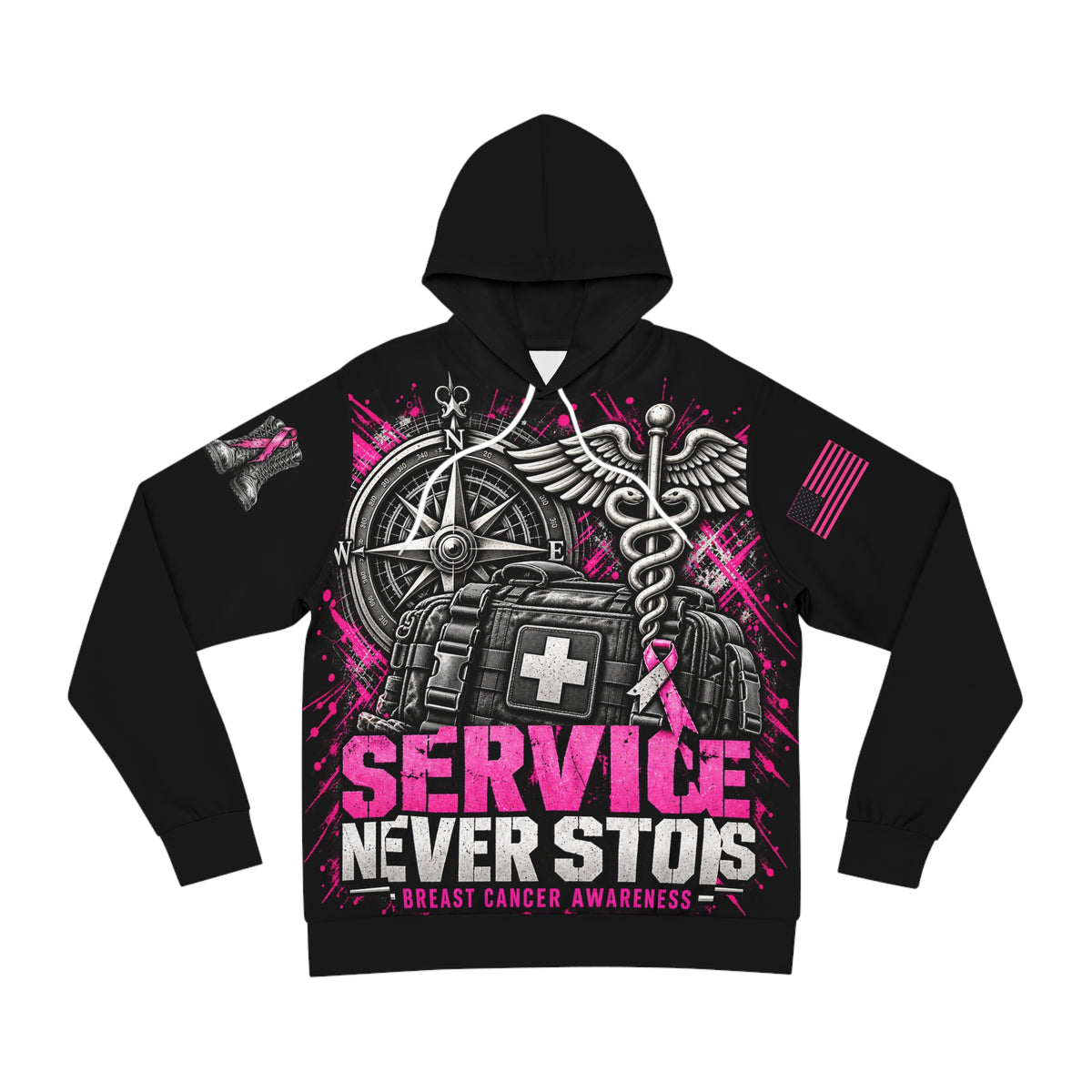 Service Never Stops — Military Medical Breast Cancer Awareness Hoodie