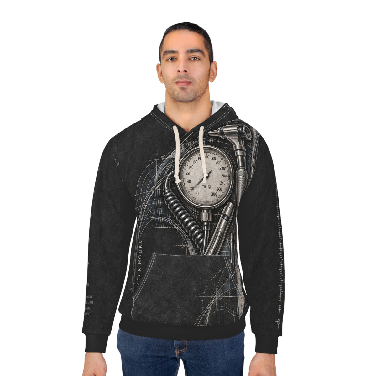 Clinical After Hours all-over medical hoodie product mockup 4