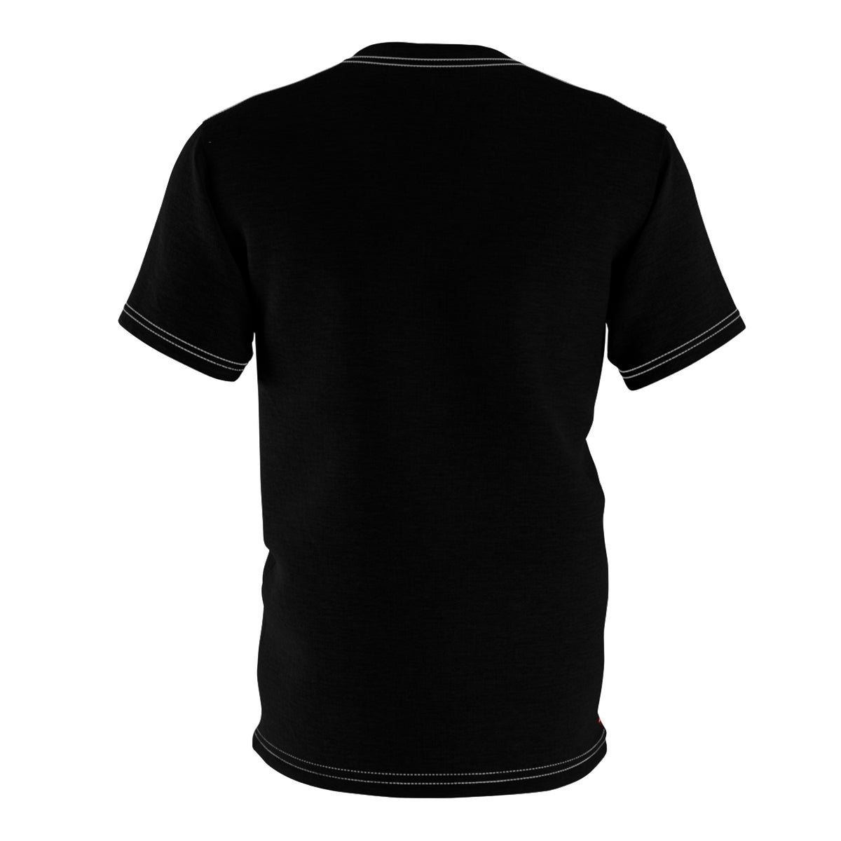 Back product mockup of the Crimson Wings Caduceus T-Shirt, showing its plain black back.