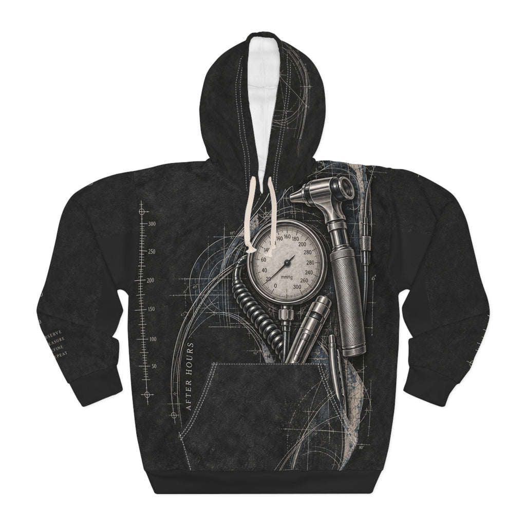Clinical After Hours all-over medical hoodie product mockup 1