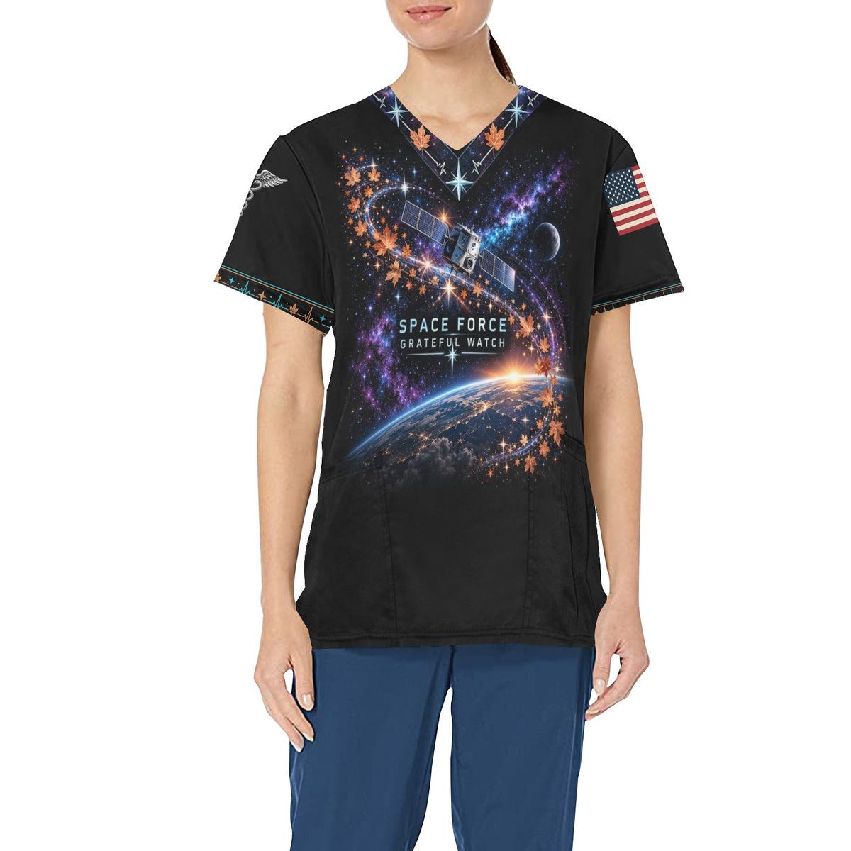 Grateful Watch — Space Force Thanksgiving All-Over Print Scrub Top