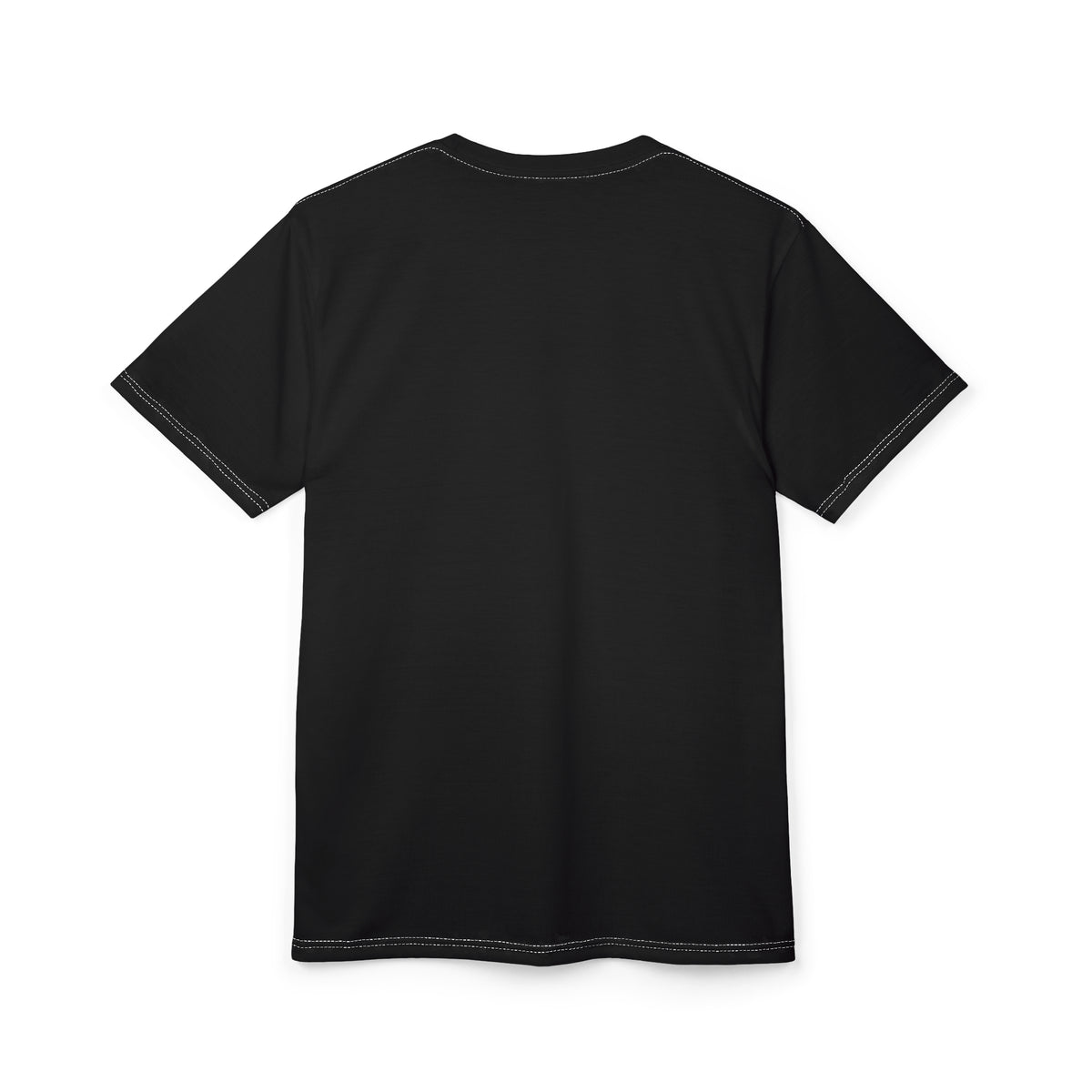 Flat back product mockup of the Crimson Wings Caduceus T-Shirt, showing its plain black back.