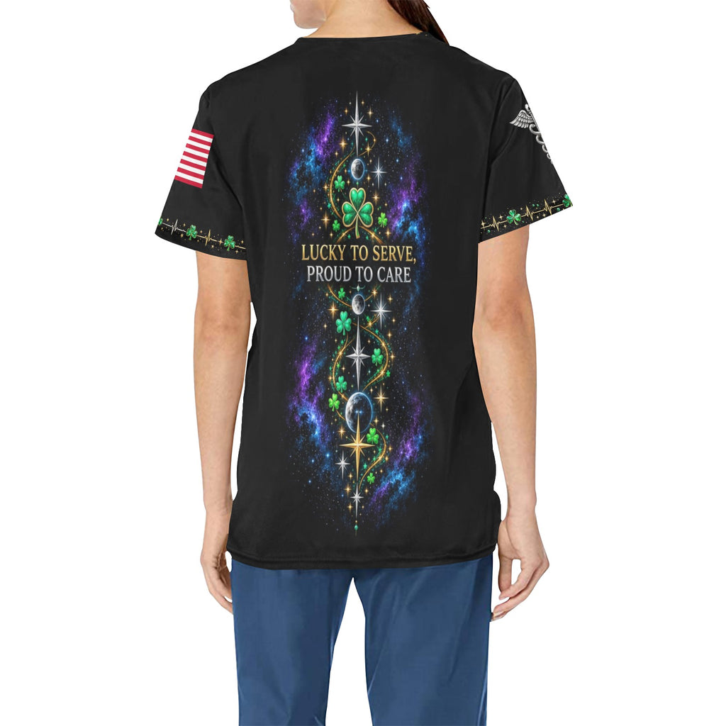 Lucky Duty Crew — Space Force St. Patrick's Day All-Over Print Scrub Top