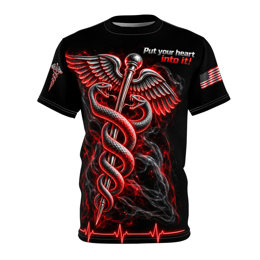 Front product mockup of the black Crimson Wings Caduceus T-Shirt with red-and-silver caduceus artwork.