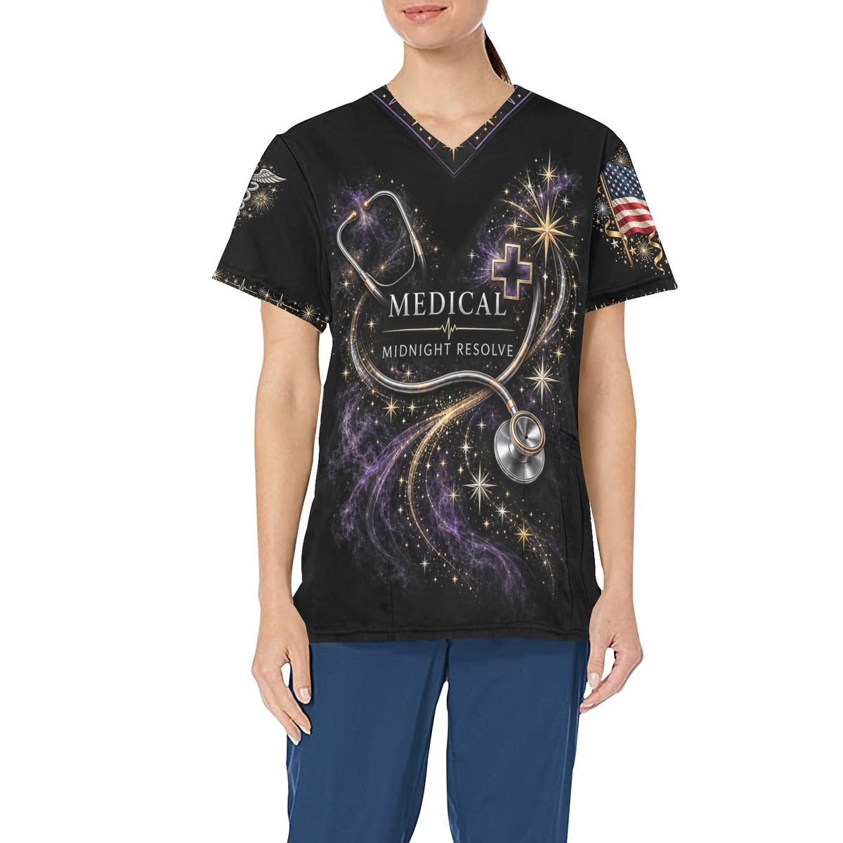 Midnight Resolve — Medical New Year's All-Over Print Scrub Top