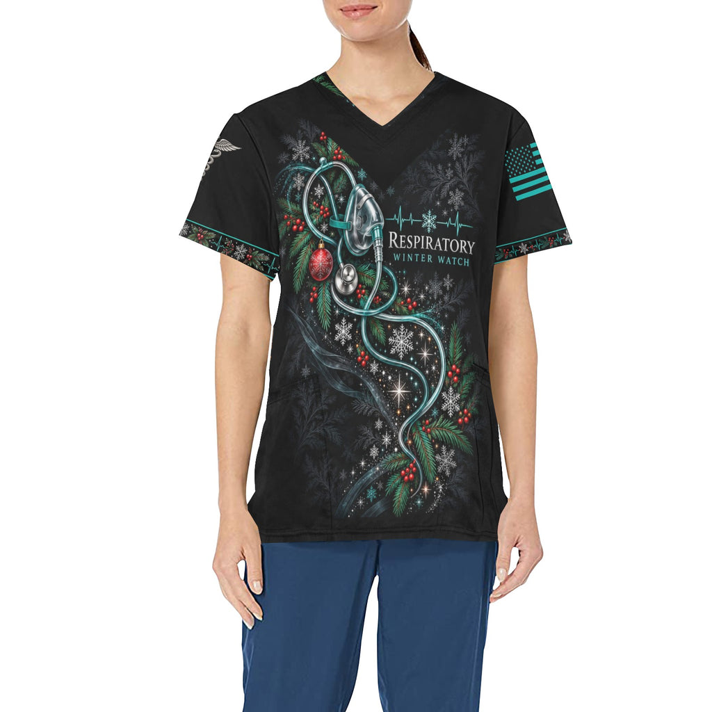 Winter Watch — Respiratory Christmas All-Over Print Scrub Top