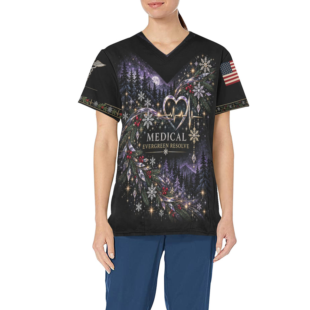 Evergreen Resolve — Medical Christmas All-Over Print Scrub Top