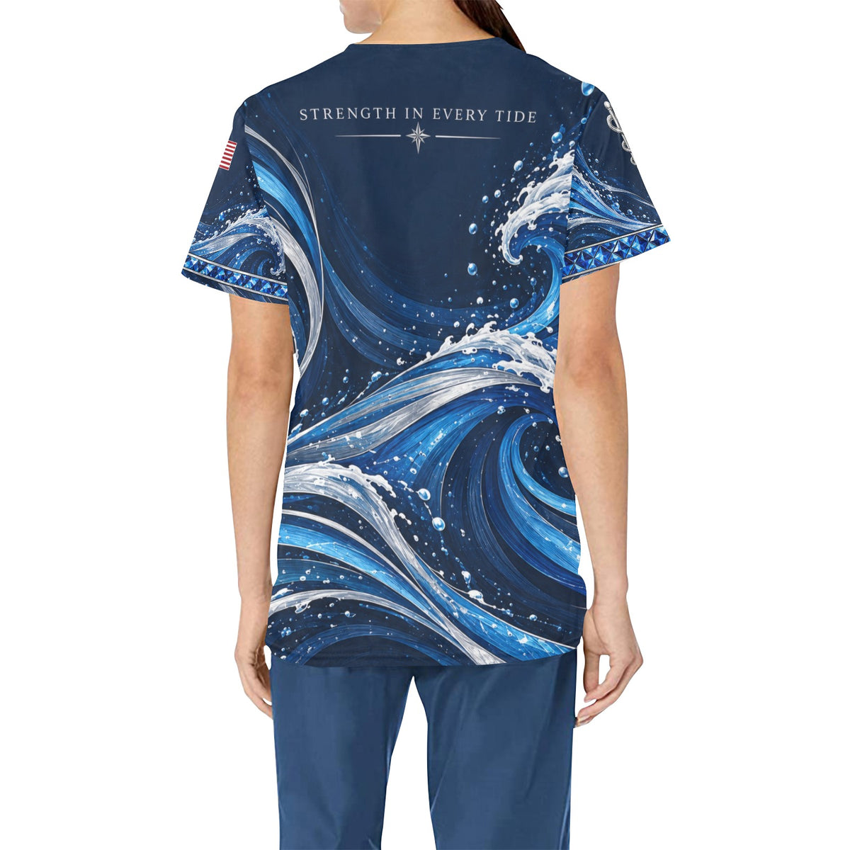 Sapphire Tide — Navy Veteran All-Over Print Scrub Top