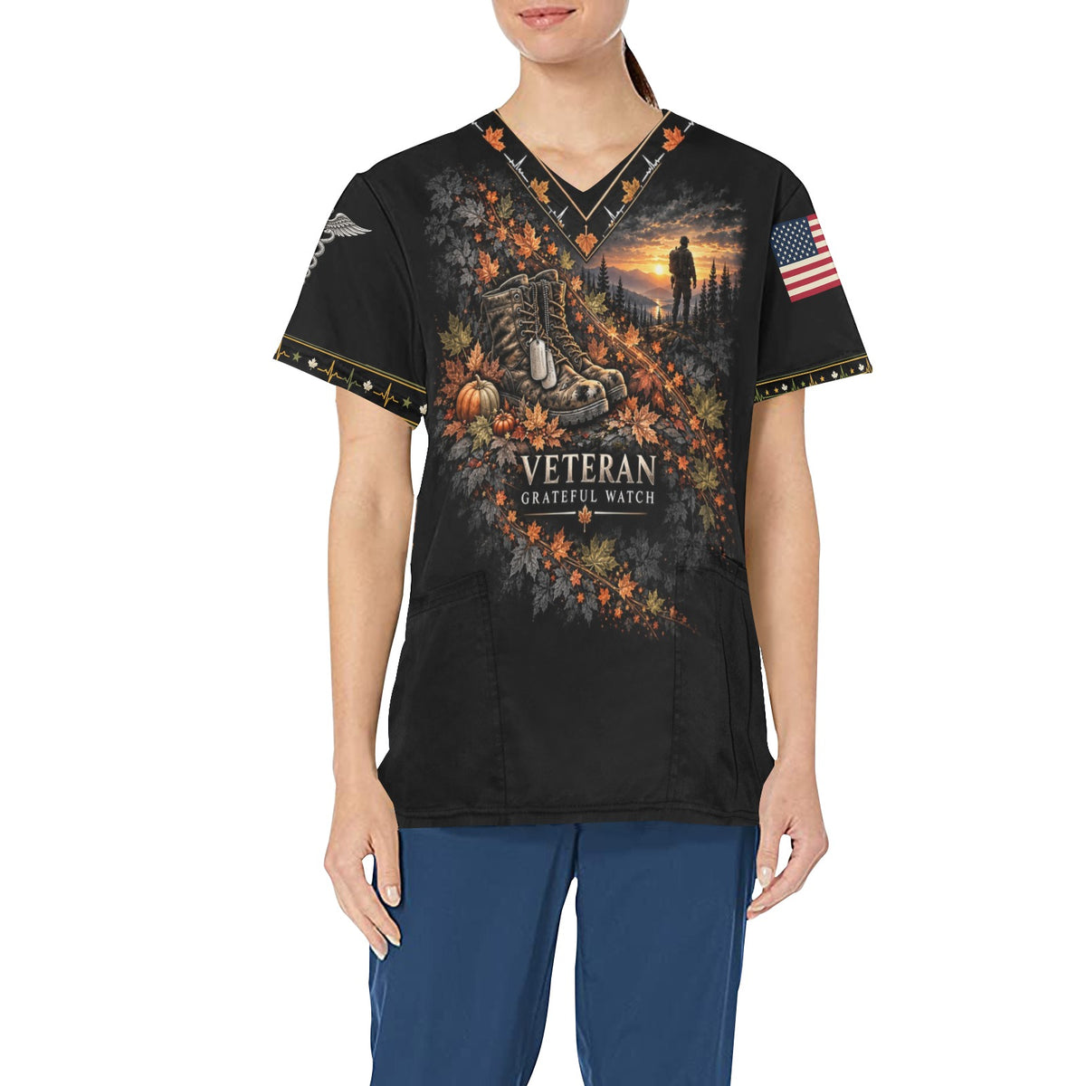 Grateful Watch — Veterans Thanksgiving All-Over Print Scrub Top