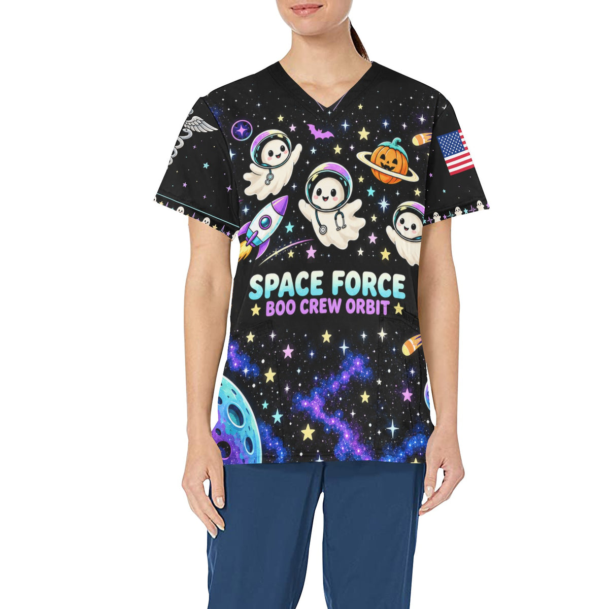 Boo Crew Orbit - Space Force Halloween All-Over Print Scrub Top