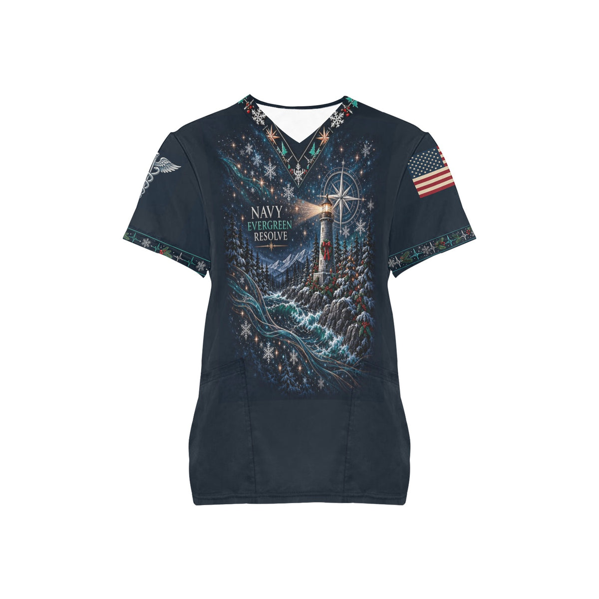 Evergreen Resolve — Navy Christmas All-Over Print Scrub Top
