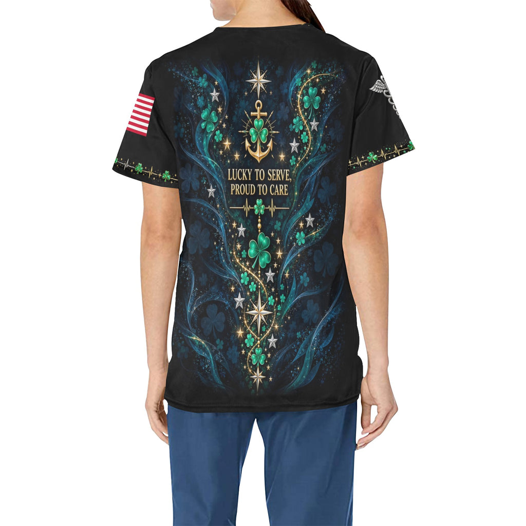 Lucky Duty Crew — Navy St. Patrick's Day All-Over Print Scrub Top