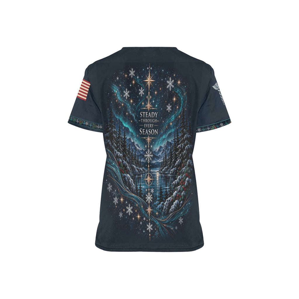 Evergreen Resolve — Navy Christmas All-Over Print Scrub Top