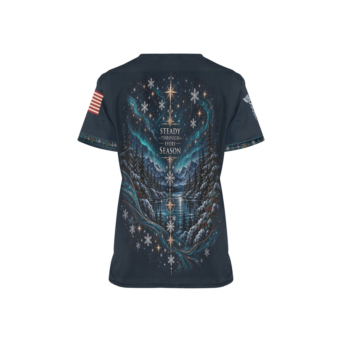 Evergreen Resolve — Navy Christmas All-Over Print Scrub Top