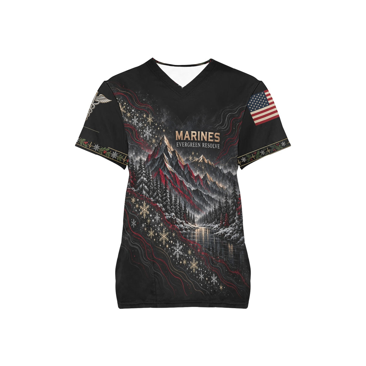 Evergreen Resolve — Marine Corps Christmas All-Over Print Scrub Top