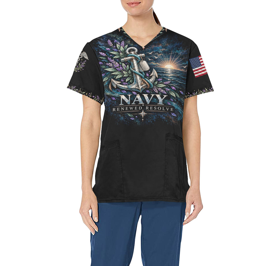 Renewed Resolve — Navy Easter All-Over Print Scrub Top