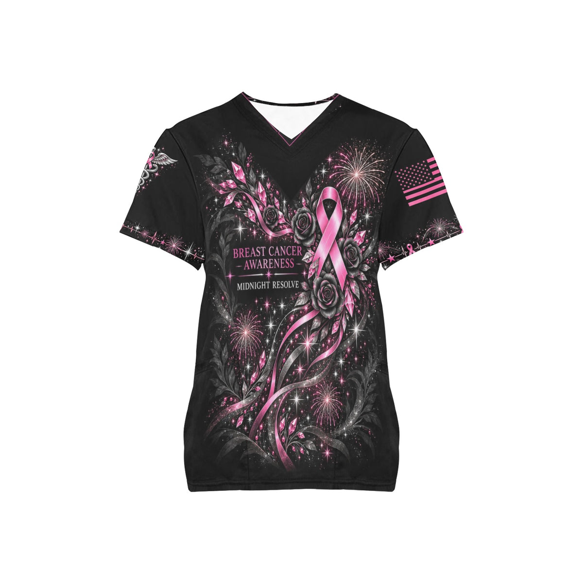 Midnight Resolve — Breast Cancer Awareness New Year's All-Over Print Scrub Top