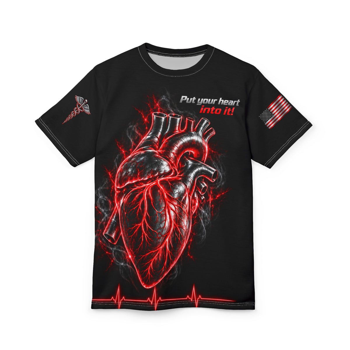 Flat front product mockup of the black Chromium Pulse Heart T-Shirt with red-and-silver anatomical heart artwork.