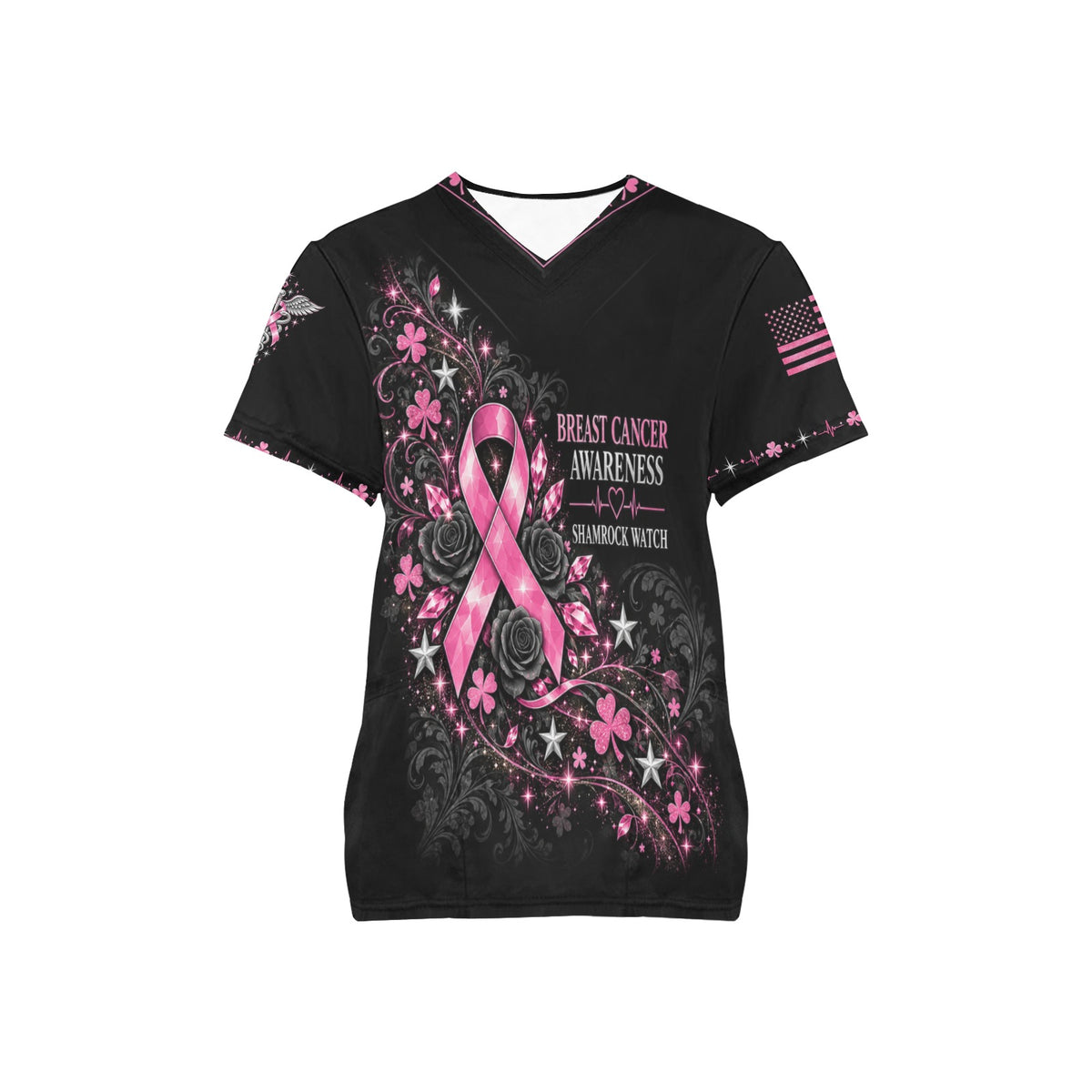 Shamrock Watch — Breast Cancer Awareness St. Patrick's Day All-Over Print Scrub Top