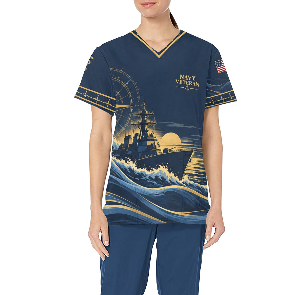 Deep Watch — Navy Veteran All-Over Print Scrub Top