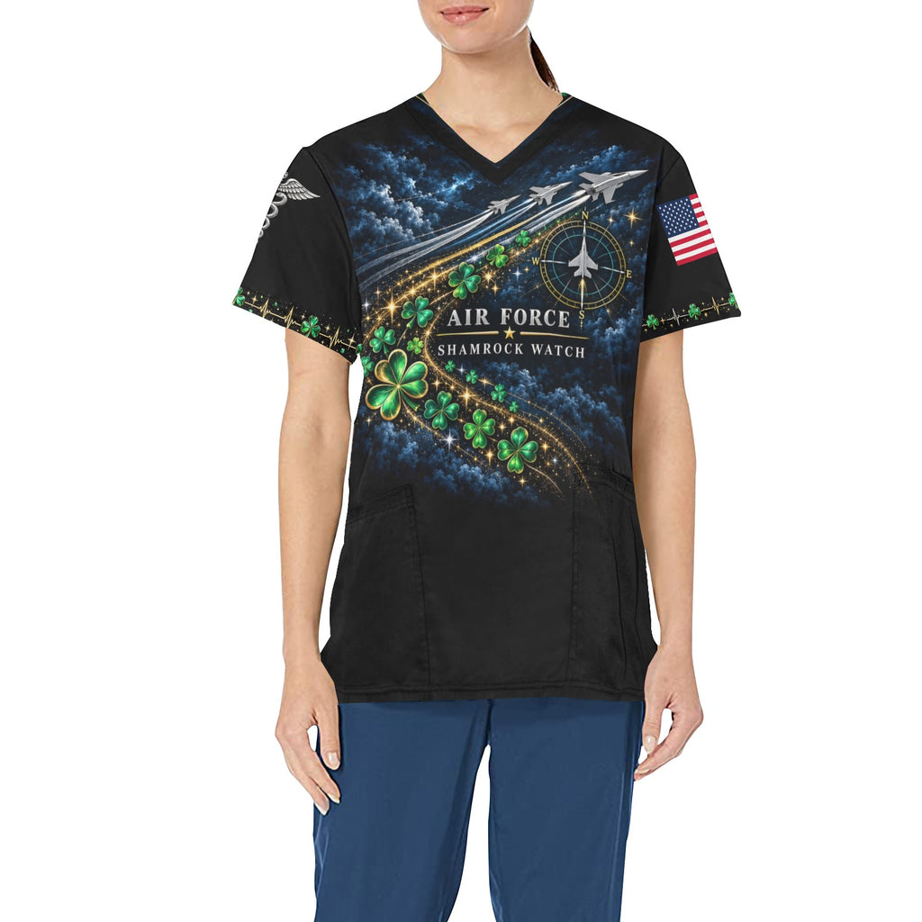 Shamrock Watch — Air Force St. Patrick's Day All-Over Print Scrub Top