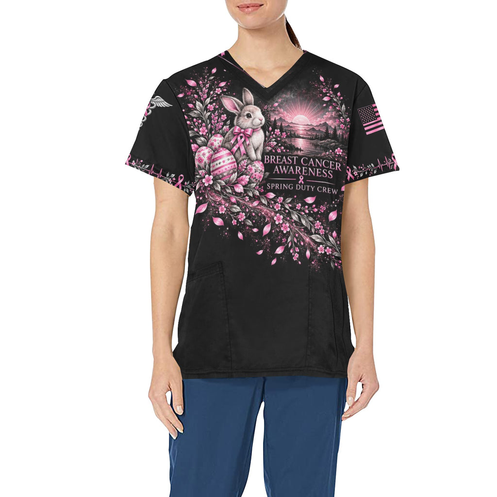 Spring Duty Crew — Breast Cancer Awareness Easter All-Over Print Scrub Top
