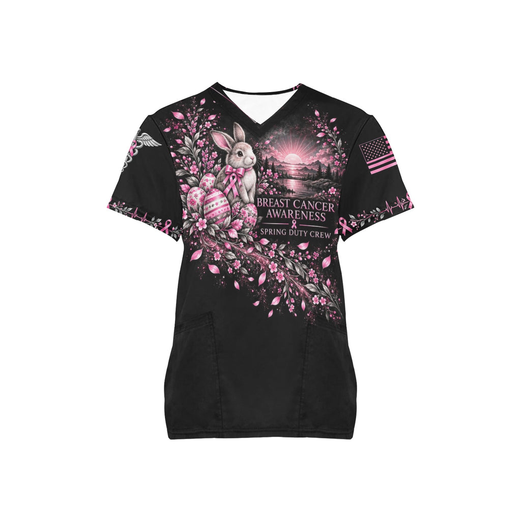 Spring Duty Crew — Breast Cancer Awareness Easter All-Over Print Scrub Top