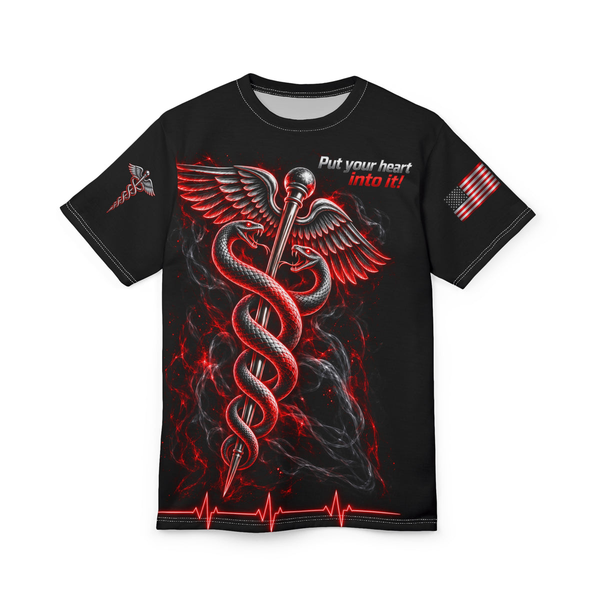 Flat front product mockup of the black Crimson Wings Caduceus T-Shirt with red-and-silver caduceus artwork.
