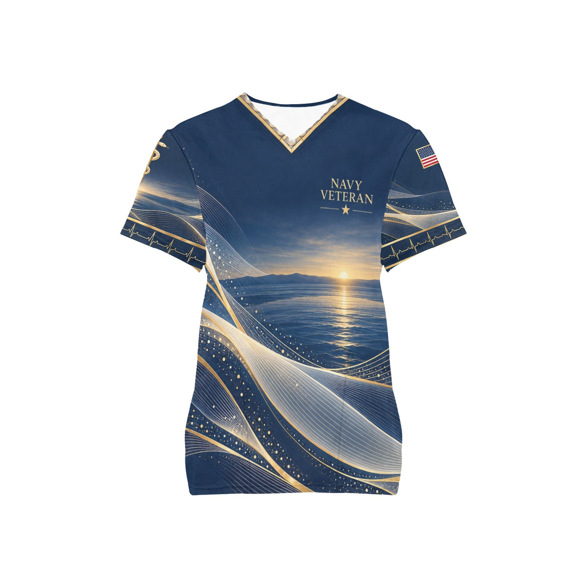 Pearl Horizon — Navy Veteran All-Over Print Scrub Top