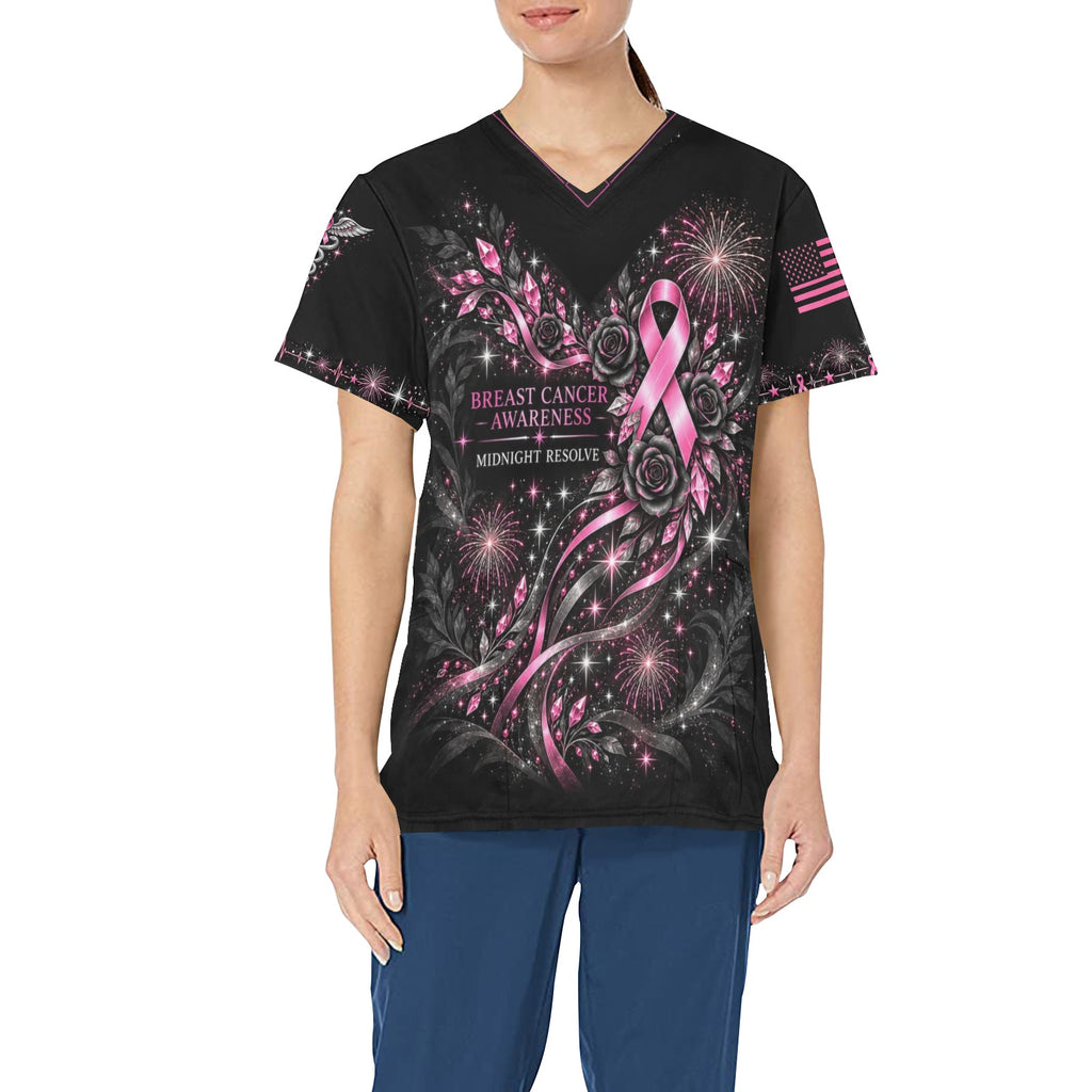 Midnight Resolve — Breast Cancer Awareness New Year's All-Over Print Scrub Top