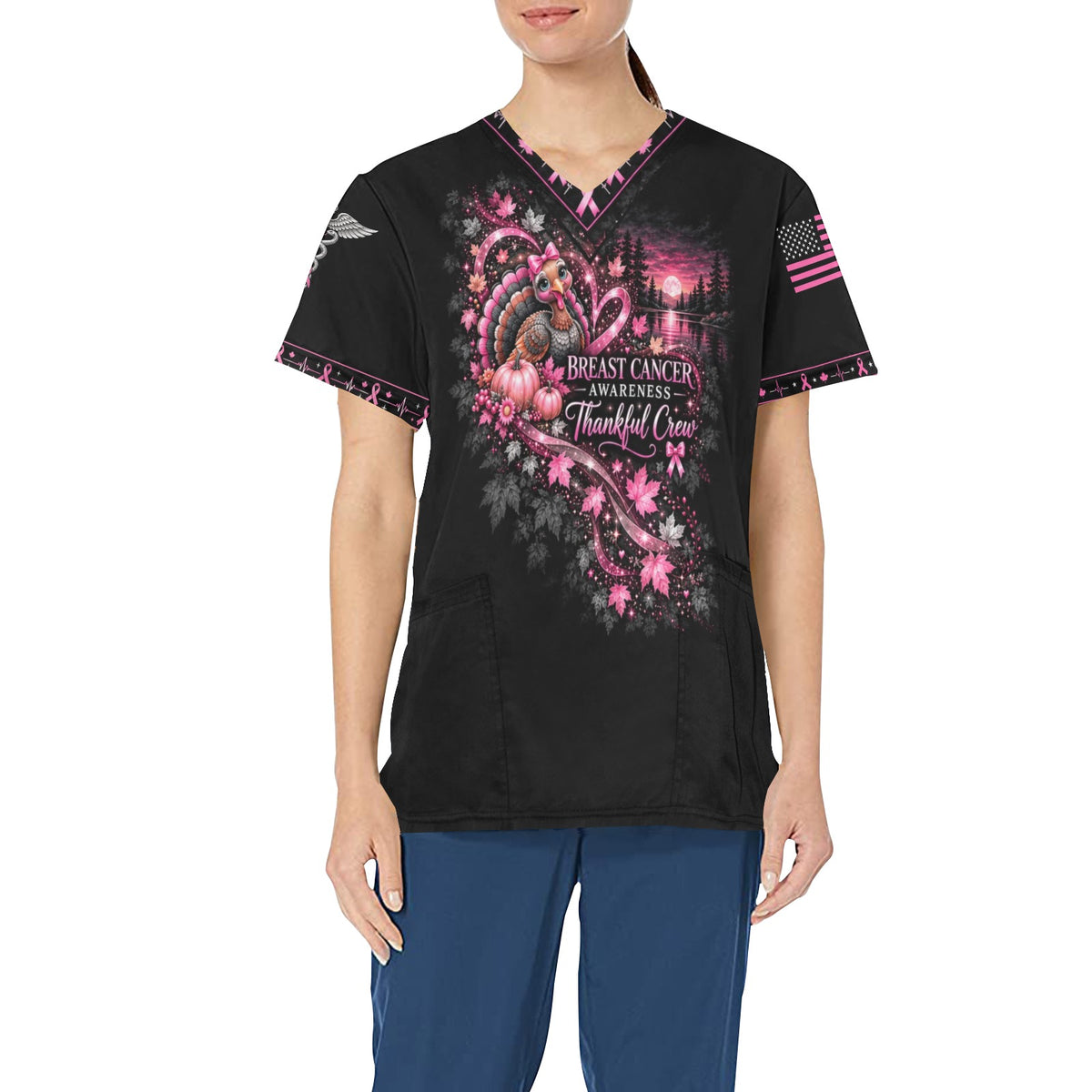 Thankful Crew — Breast Cancer Awareness Thanksgiving All-Over Print Scrub Top