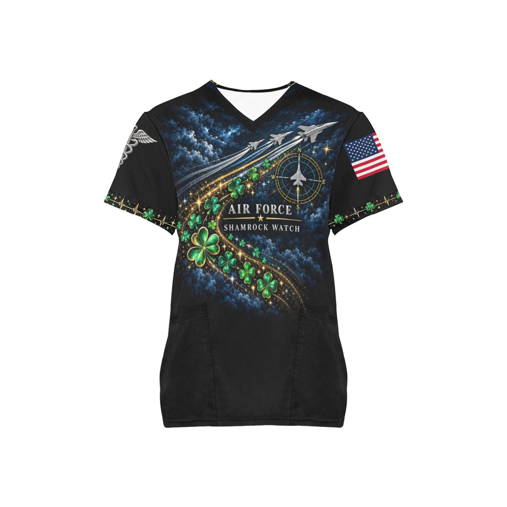 Shamrock Watch — Air Force St. Patrick's Day All-Over Print Scrub Top