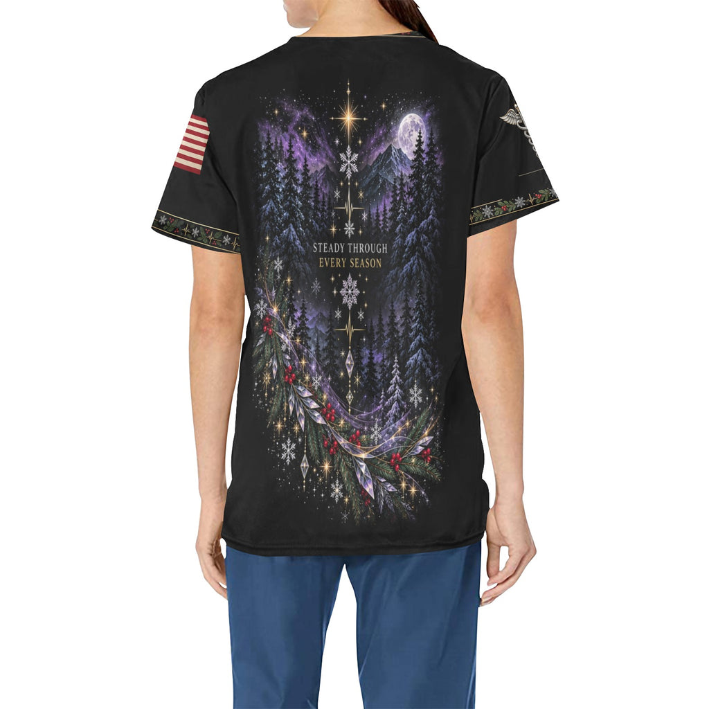 Evergreen Resolve — Medical Christmas All-Over Print Scrub Top