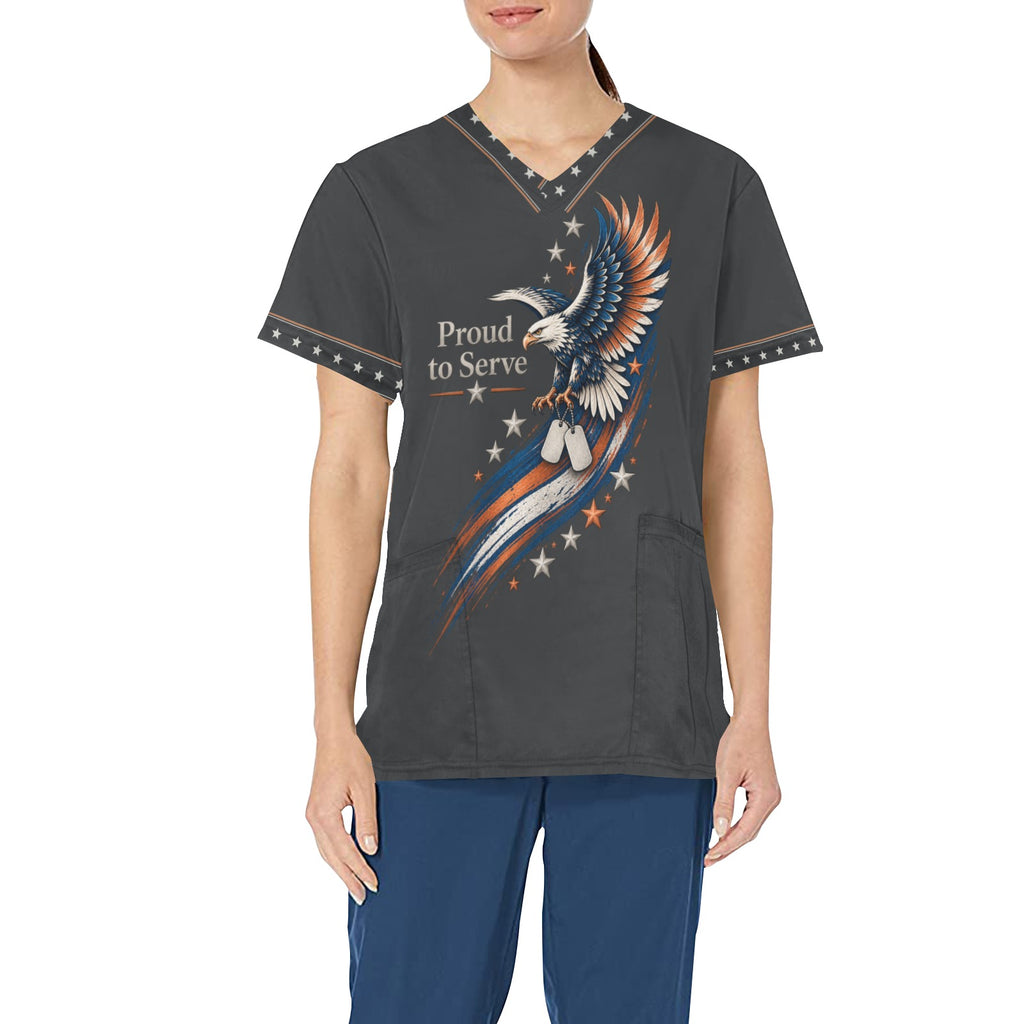 Proud to Serve — Veteran All-Over Print Scrub Top
