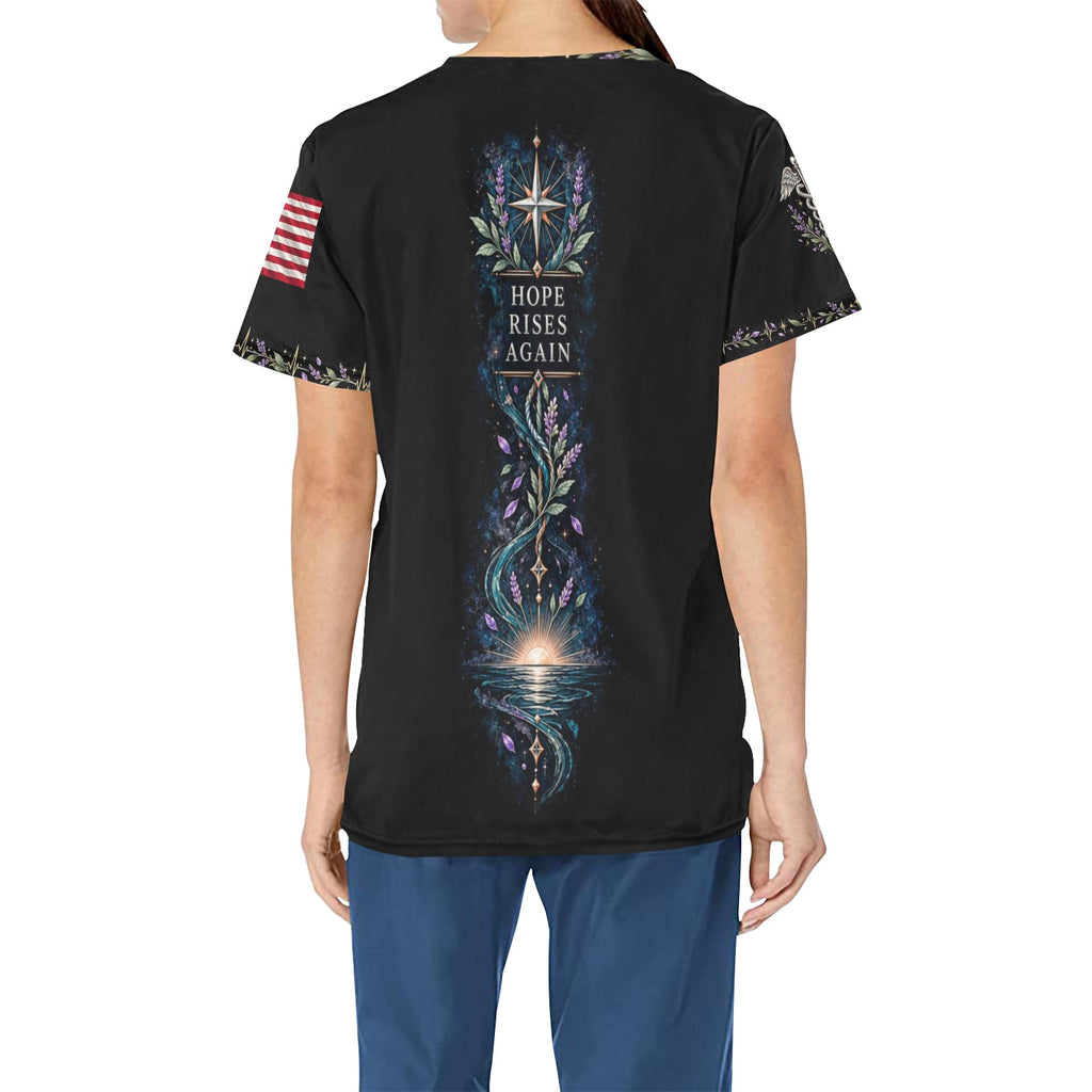 Renewed Resolve — Navy Easter All-Over Print Scrub Top