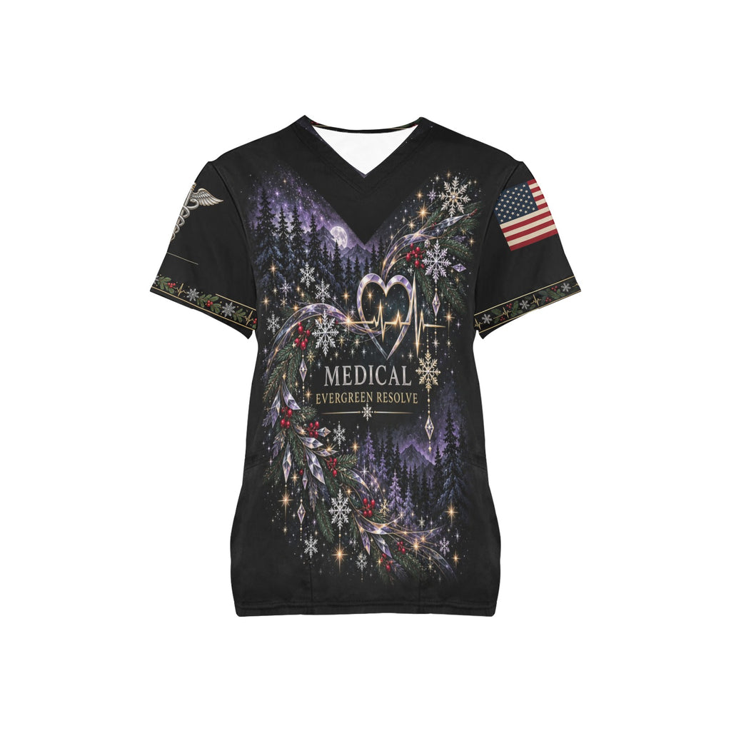 Evergreen Resolve — Medical Christmas All-Over Print Scrub Top