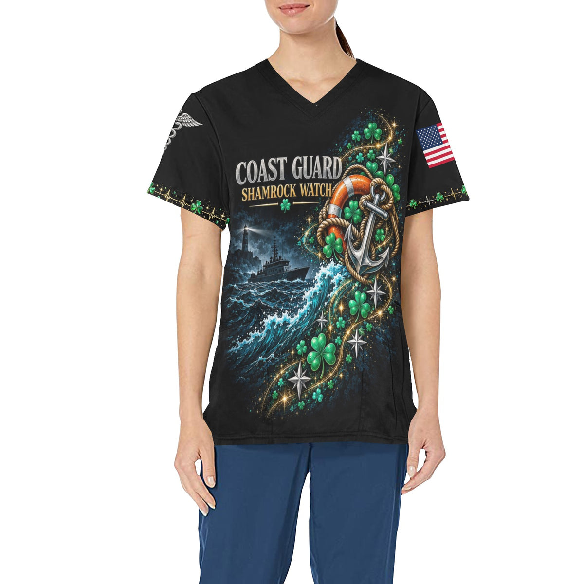 Shamrock Watch — Coast Guard St. Patrick's Day All-Over Print Scrub Top