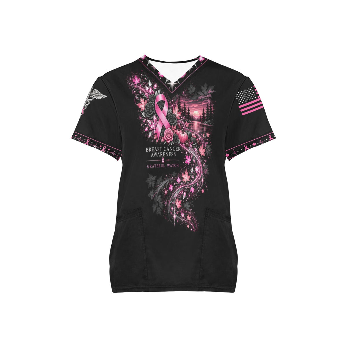 Grateful Watch — Breast Cancer Awareness Thanksgiving All-Over Print Scrub Top