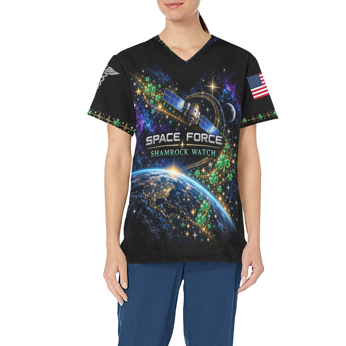 Shamrock Watch — Space Force St. Patrick's Day All-Over Print Scrub Top