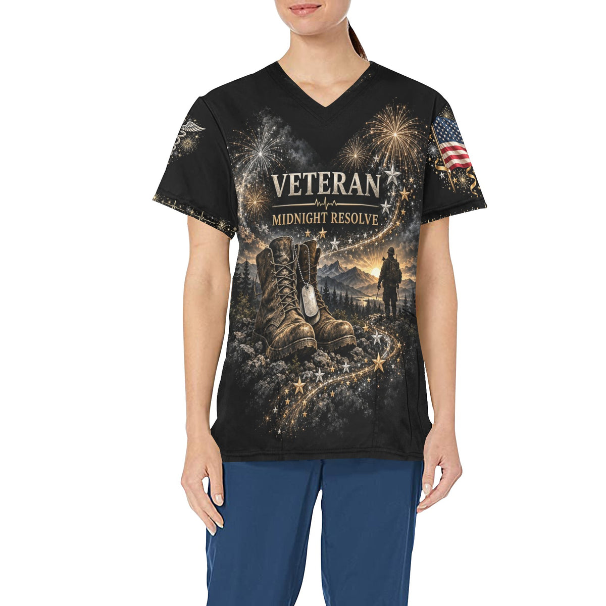 Midnight Resolve — Veterans New Year's All-Over Print Scrub Top