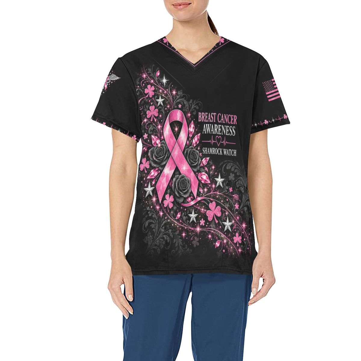 Shamrock Watch — Breast Cancer Awareness St. Patrick's Day All-Over Print Scrub Top