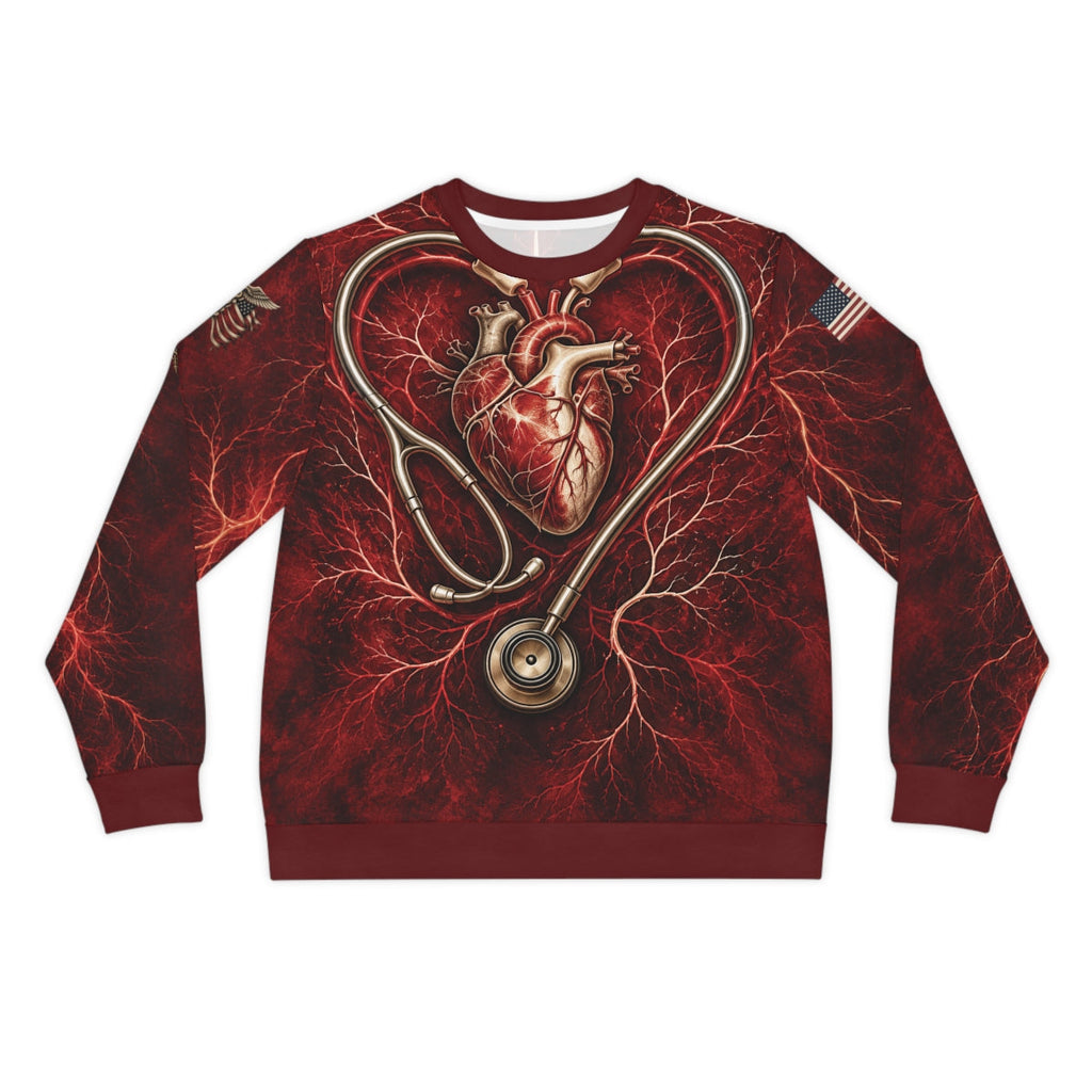 Actual saved Printify GM06 front with large stethoscope heart and vascular sleeve continuity