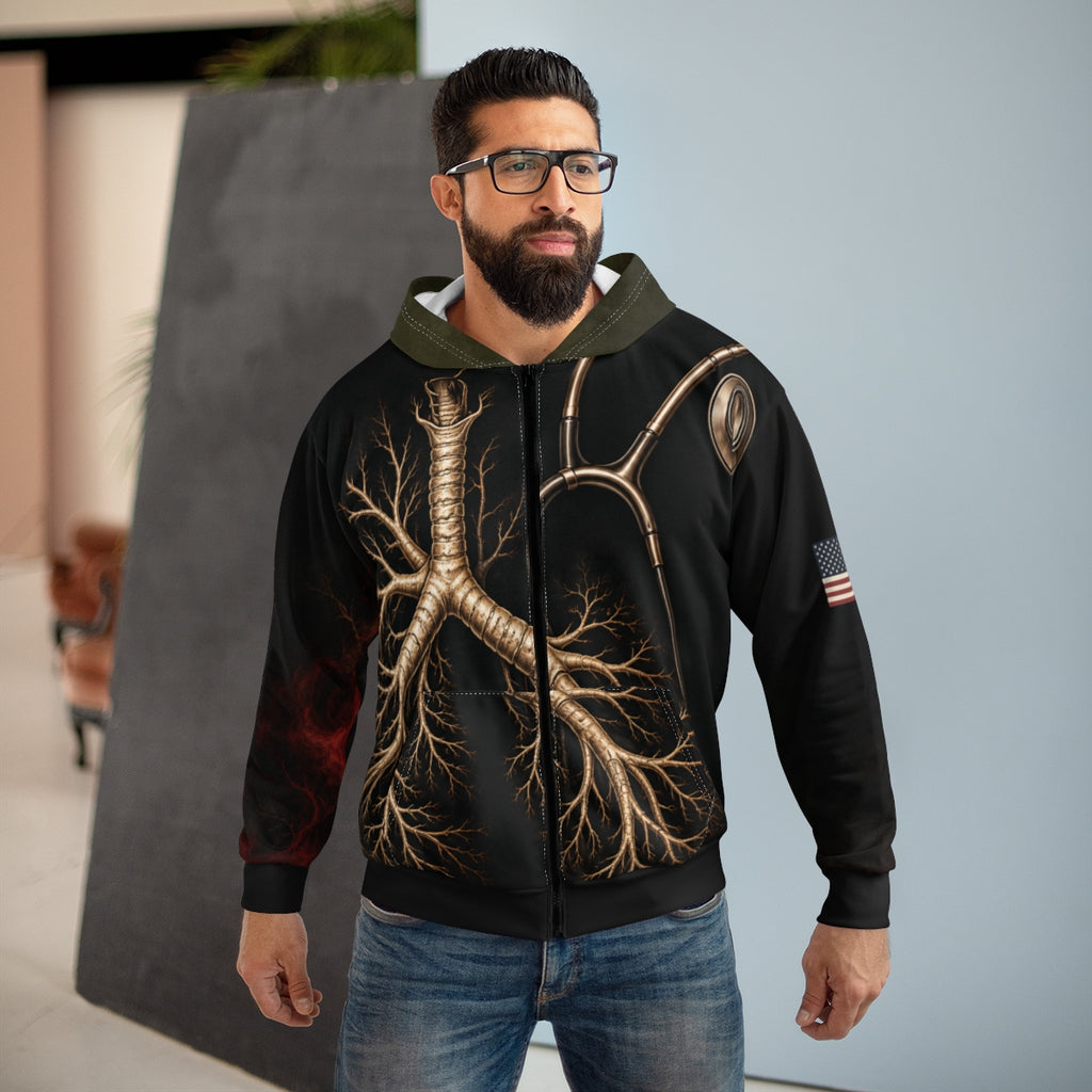 Actual Printify mockup of M05 Obsidian Signal Zip Hoodie, lifestyle, unpublished review draft
