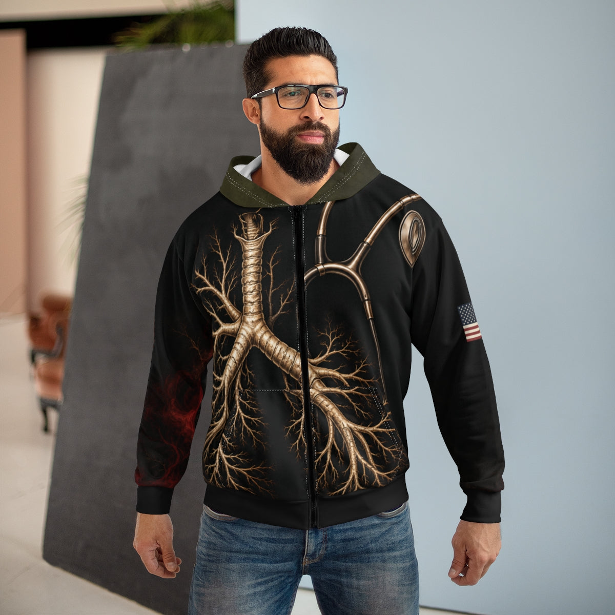 Actual Printify mockup of M05 Obsidian Signal Zip Hoodie, lifestyle, unpublished review draft
