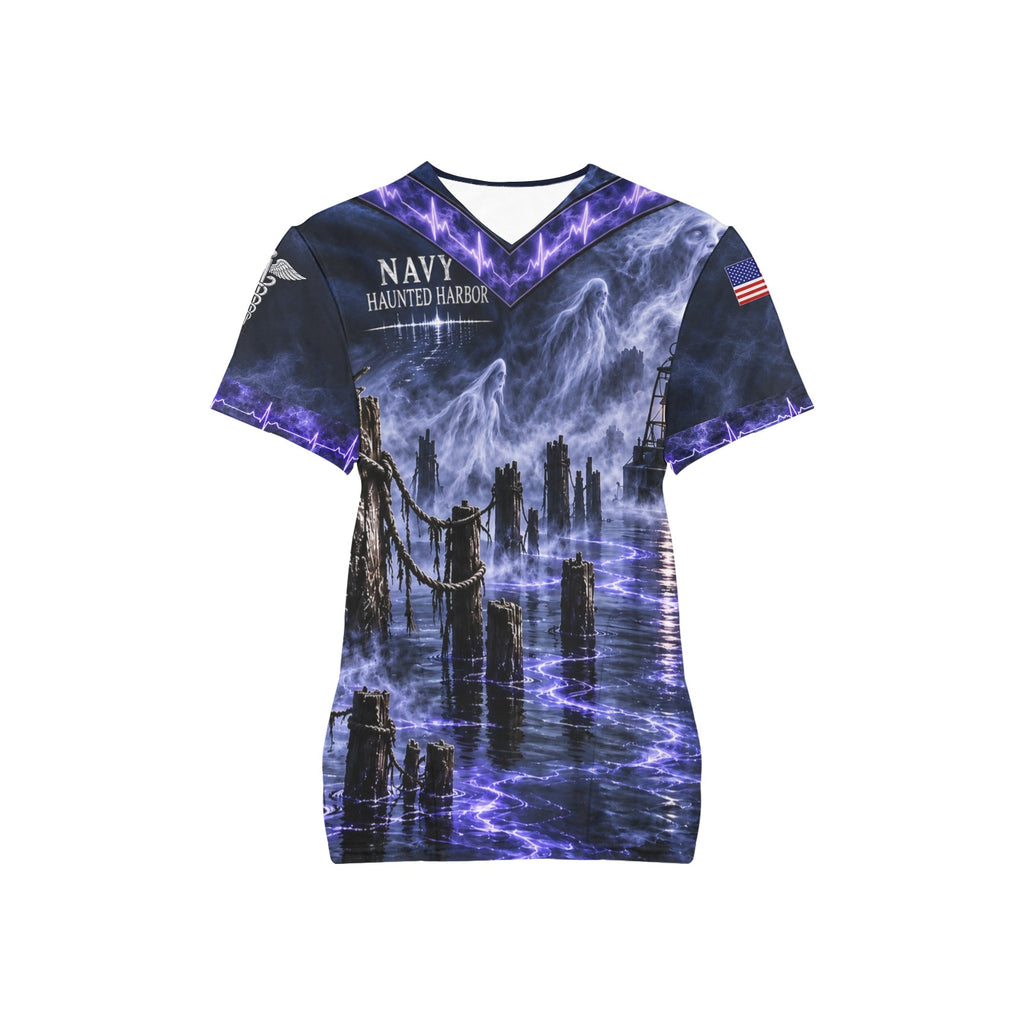 Haunted Harbor — Navy Halloween All-Over Print Scrub Top