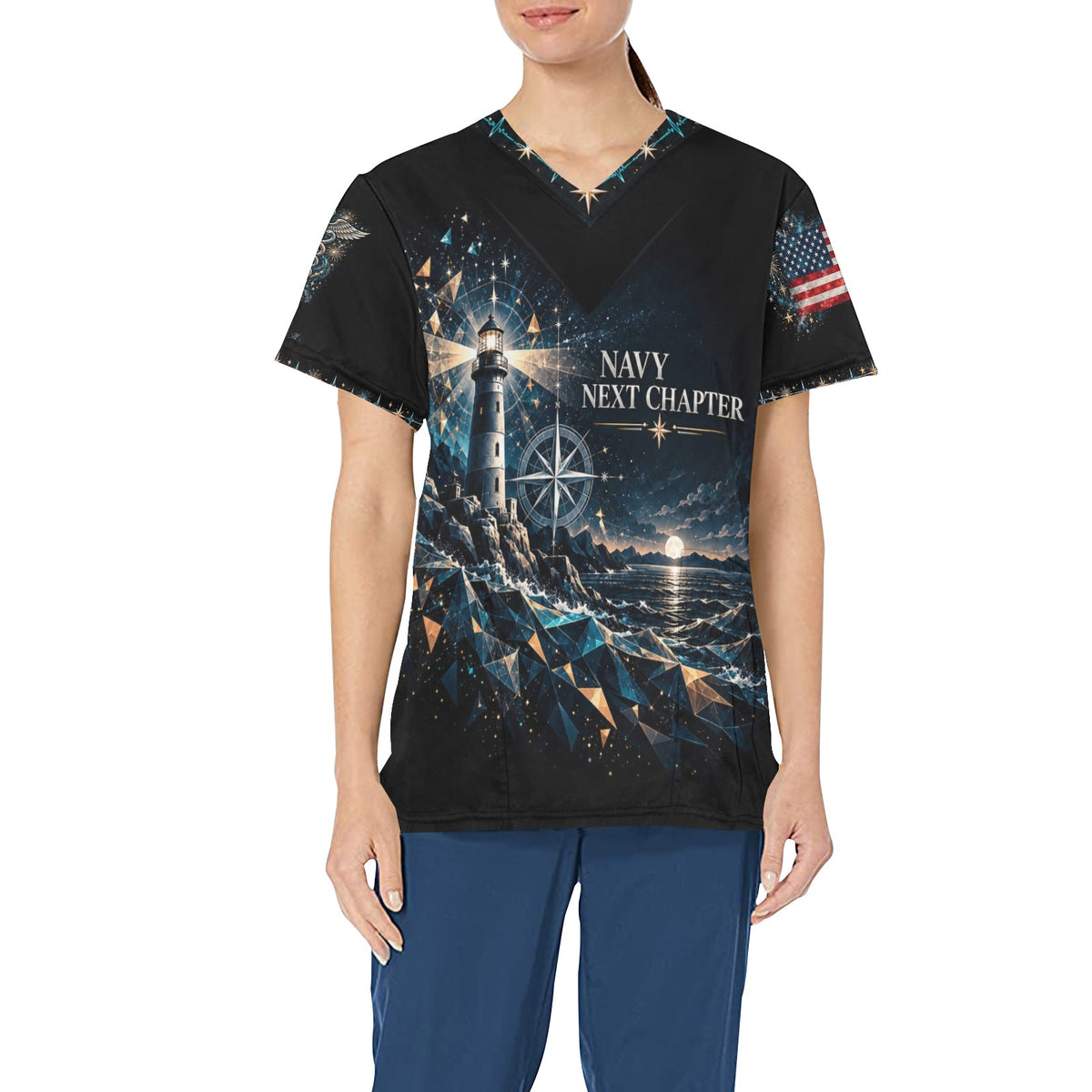 Next Chapter — Navy New Year's All-Over Print Scrub Top
